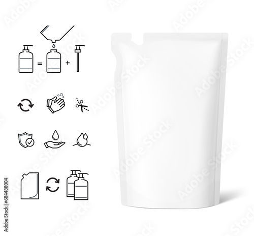 Pouch bag with torn corner with set icons. Vector illustration. Perfect for final pack shot. Can be use for refilling soap, liquids. The corner is easy to tear off by hand. EPS10. photo