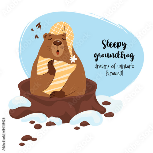 Cute sleeping marmot character with pillow looks out of hole. Festive funny card for Groundhog Day on February 2. Vector illustration.