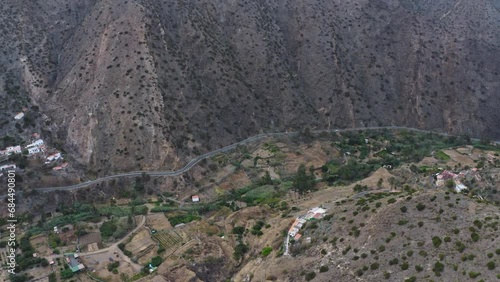 Drone footage of an isolated road in the middle of a valley at la Gomera Island.