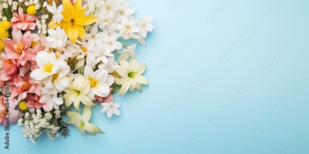 A peaceful blend of yellow, white, and pink flowers cascading over a refreshing cyan-colored background.