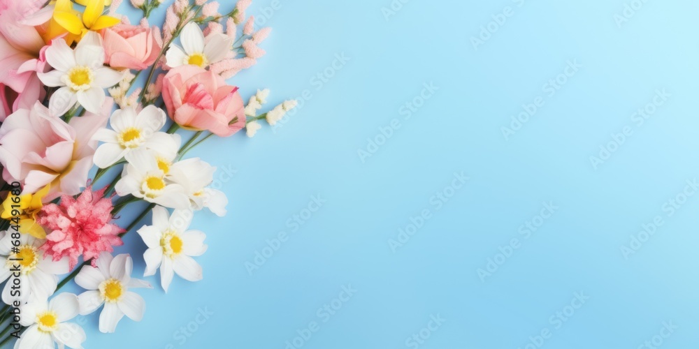 A cascade of spring blooms in yellow, pink, and white, evokes a fresh, joyful feeling against a light blue backdrop.
