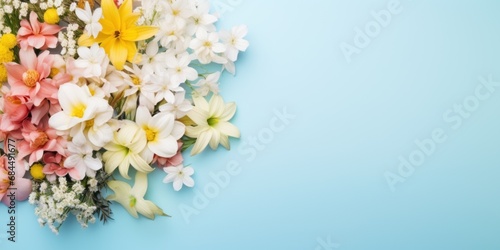 A peaceful blend of yellow  white  and pink flowers cascading over a refreshing cyan-colored background.