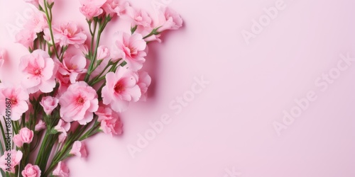 Delicate pink flowers create a soft, inviting corner against a pale pink background. © Yanwit