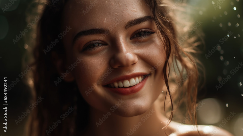 Portrait of beautiful young woman with clean fresh healthy skin smiling feeling the refreshing water rainfall droplets Portrait of beautiful young woman with clean fresh healthy skin smiling feeling the refreshing water rainfall droplets