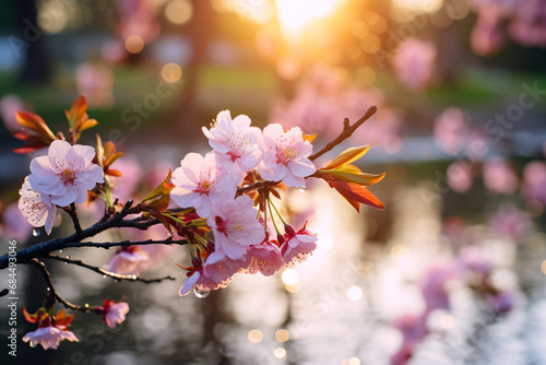 cherry blossoms in full bloom in a serene Japanese garden during the golden hour, where soft sunlight filters through the petals.