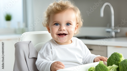 toddler sits at the table with healthy food