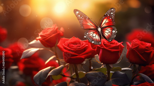 Butterfly flying near red rose flower in sunlight