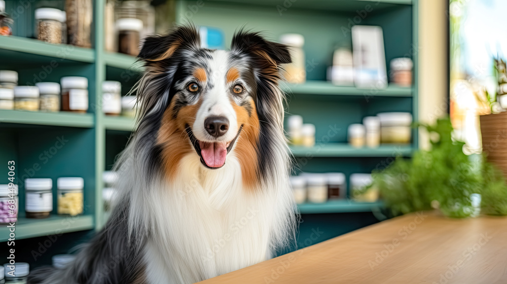 dog sits with pet supplements after visiting veterinary