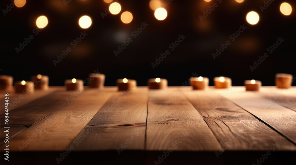 A wooden table topped with lights out of focus bokeh background A wooden table topped with lights out of focus bokeh background