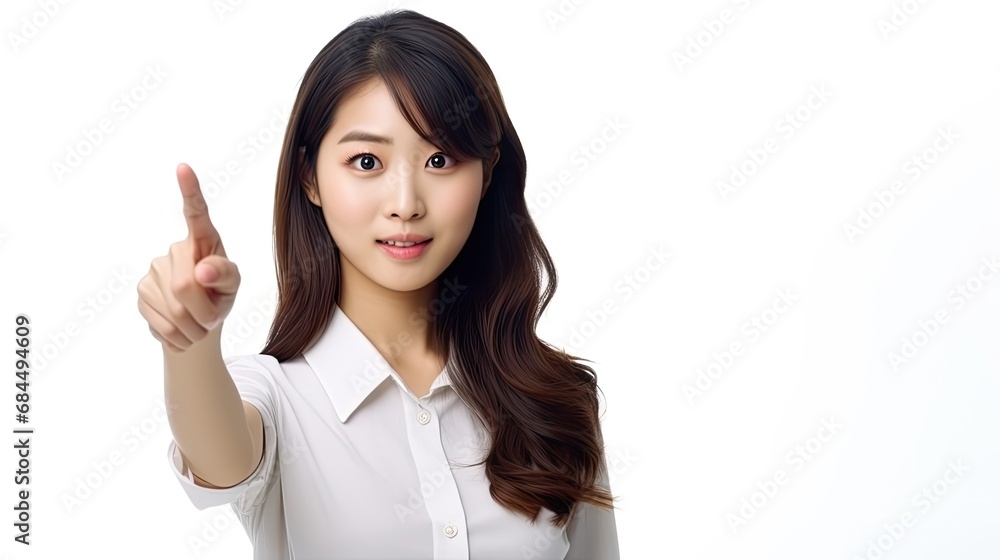 japanese woman pointing with her finger on something - isolated on white studio background japanese woman pointing with her finger on something - isolated on white studio background
