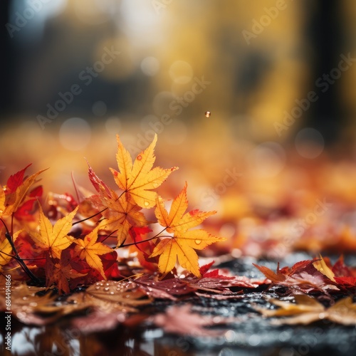 Autumn leaves on wet ground with bokeh background, shallow depth of field