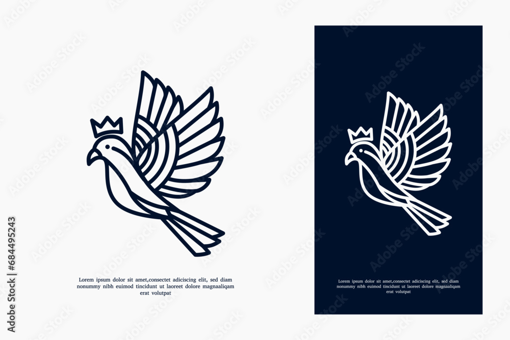 Obraz premium mono line bird with crown element logo design illustration