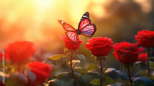 Butterfly flying near red rose flower in sunlight