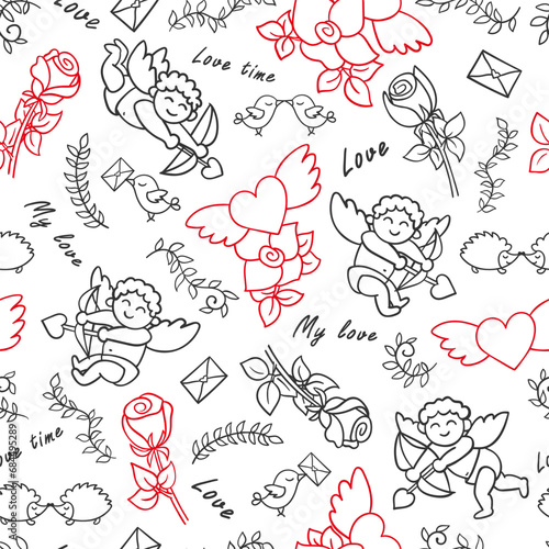 Seamless pattern with black and red outline cupids, flying hearts and rose flowers on white. Hand drawn sketch in doodle style. Vector for Valentine's Day or wedding design, romantic and love print.