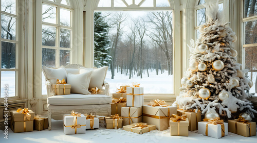 Luxury living room with christmas tree and presents decorated for Christmas and New Year holidays. Generative AI technology