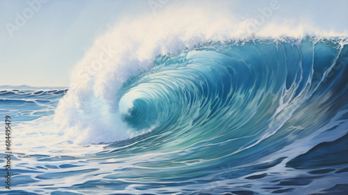 A painting of a wave with a yellow and blue center