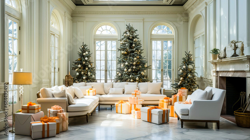 Luxury living room with christmas tree and presents decorated for Christmas and New Year holidays. Generative AI technology