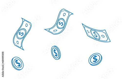 Blown coins and bills in line art style