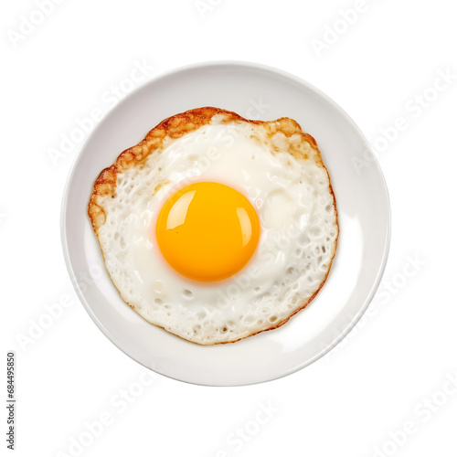 tasty one fried egg on a white plate isolated on white background, top view