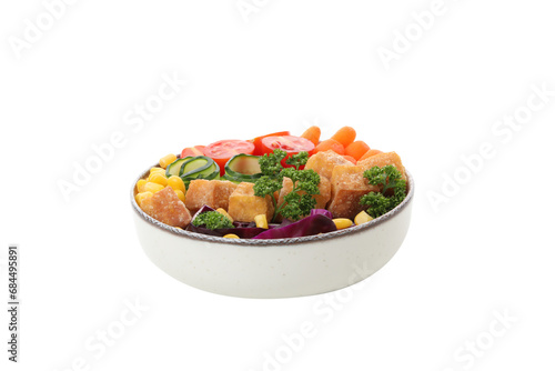 PNG,Fried tofu salad in a white bowl, isolated on white background