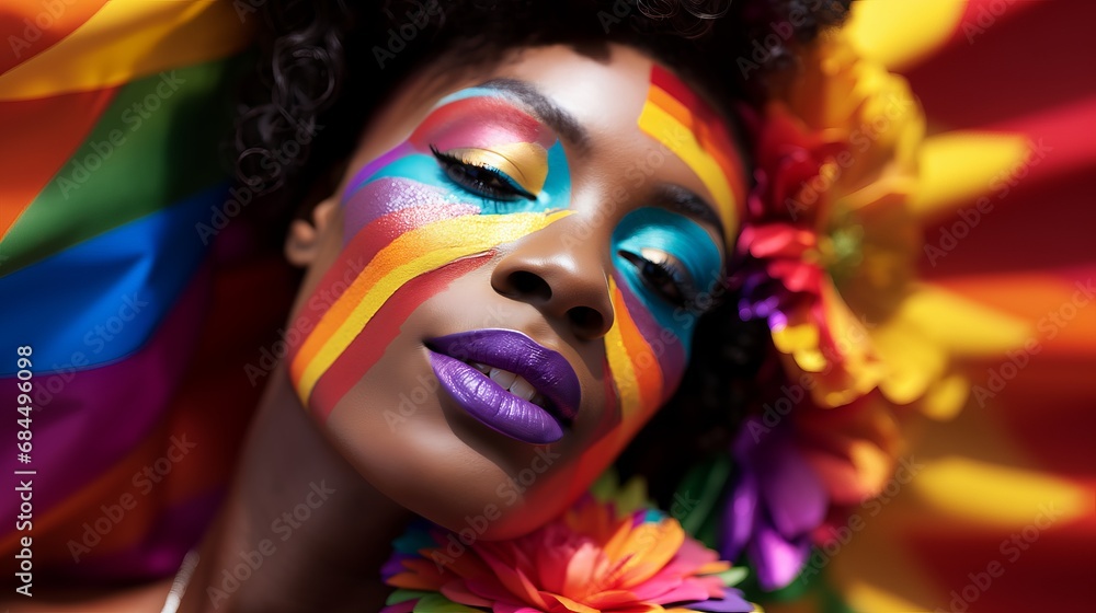 A Woman with Vibrant Makeup and Rainbow Flowers, LGBTQI+ Celebration. Gay Pride