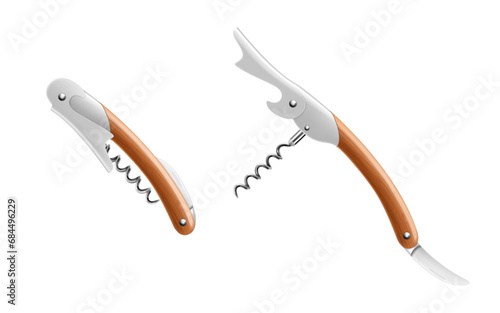 Multipurpose knife. Opened sommeliers knife with corkscrew and bottle opener, waiter's knife professional, isolated on white background. Knife for opening wine. Realistic 3d vector illustration.