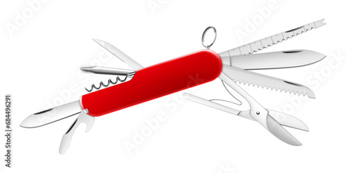 Swiss Army knife or pocket knife isolated realistic vector on white background. This cutting tool is using the large blade for cutting food, slicing paper, carving wood, or gutting a fish. photo