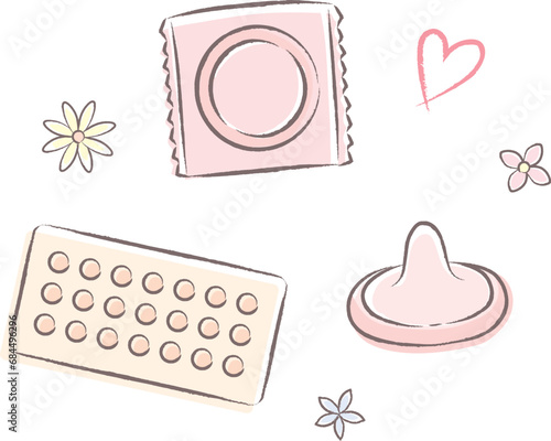 ピル（経口避妊薬）コンドーム　避妊具のイラスト　可愛い・ピンク