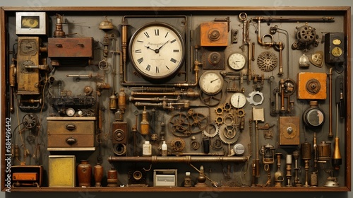 A mixed-media assemblage of found objects, arranged in a way that invites the viewer to ponder its meaning. photo