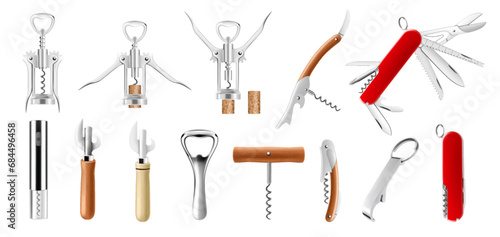 A set of corkscrews and openers. Wine Bottle Opener, can opener, electronic rechargeable corkscrew, sommeliers knife with corkscrew and Swiss Army knife or pocket knife. Realistic 3d vector, isolated