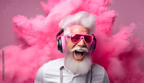 kidult concept photography, funny old man with silver hair, beard and mustache in pink jacket and pink glasses