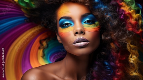 Vibrant Woman with Colourful Curly Hair and Rainbow Makeup. LGBTQI+ Celebration
