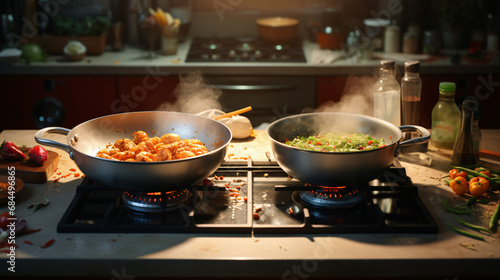 Two pans on the stove with food in the kitchen cooking