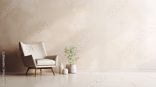 White chair in a living room with white walls and vase. Created with Ai © Image Innovate