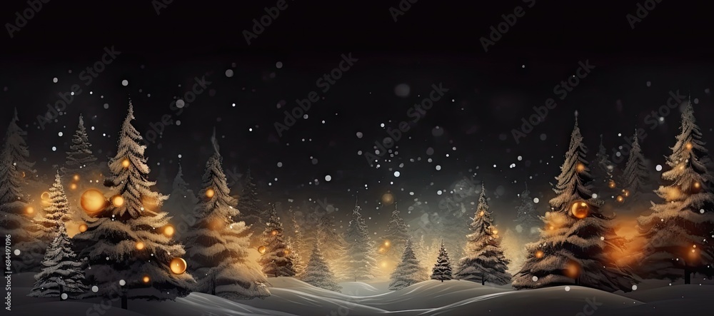 Naklejka premium Winter wonderland. Majestic scene of snowfall blanketing pine forest creating serene and enchanting landscape under night sky perfect for holiday greetings christmas cards and seasonal celebrations
