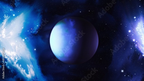 Amazing planet in the light of cosmic nebulae. Earth-like exoplanet near beautiful constellations. Space sci-fi background.
