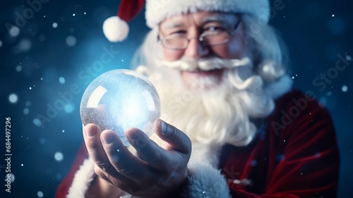 Happy Santa Claus holding glowing christmas ball  generative ai