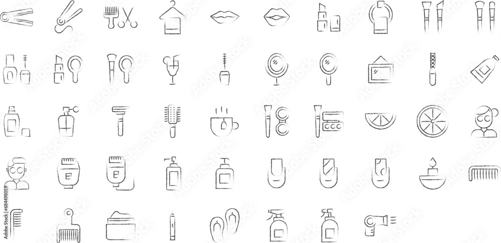 Makeup and Beauty hand drawn icons set, including icons such as Ballerina Nail, Freshener, Eye Liner, Cream, Comb, and more. pencil sketch vector icon collection