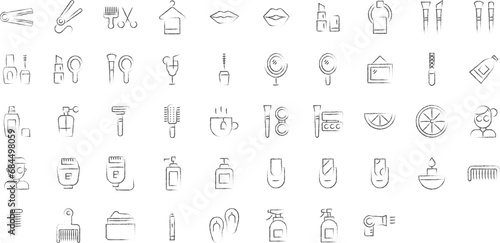 Makeup and Beauty hand drawn icons set, including icons such as Ballerina Nail, Freshener, Eye Liner, Cream, Comb, and more. pencil sketch vector icon collection