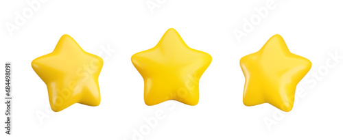 Vector 3d gold star icons set on white background. Cute realistic cartoon 3d render, glossy yellow star front and side projection, for customer rating concept, decoration, web, game design, app, ad.