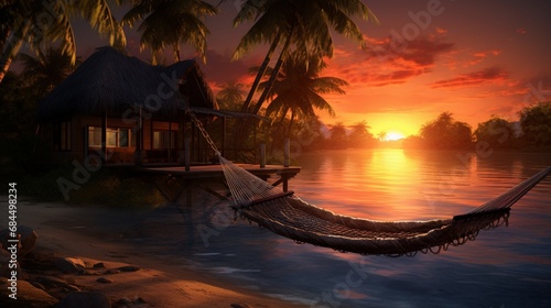 A remote island with a hammock and the sun setting over the calm waters