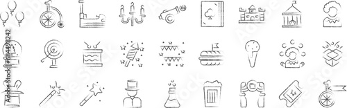 circus hand drawn icons set, including icons such as carnival, Bicycle, Bumper, Cannon, Castle, Circus, and more. pencil sketch vector icon collection