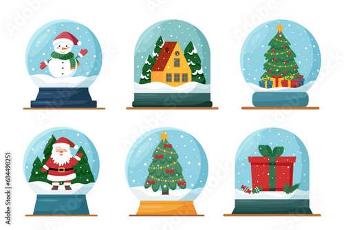 Set of snowballs with snowman, house, Christmas tree, Santa and gift box. Christmas decoration.	
