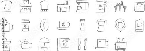 Coffee bar hand drawn icons set  including icons such as Bread  Building  Chef  Coffee Maker  Coffee Shop  and more. pencil sketch vector icon collection
