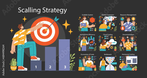 Scaling Strategy concept. Steps to successful business growth, featuring target achievement and efficiency. Business development, market reach, and cost-effective operations. Flat vector illustration