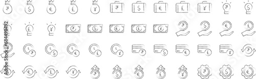 Banking and savings hand drawn icons set, including icons such as Dollar, Euro, Pound, Rupees,Yen, Briefcase, Bag, and more. pencil sketch vector icon collection