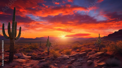 A rocky desert landscape with a stunning sunset sky and the silhouette of a saguaro cactus © SAJAWAL JUTT