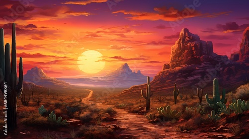 A rocky desert landscape with a stunning sunset sky and the silhouette of a saguaro cactus  with a coyote in the distance
