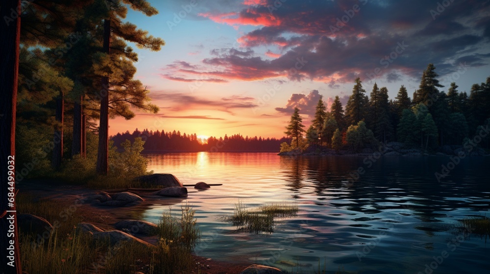 A serene lake surrounded by tall trees and the sun dipping below the horizon