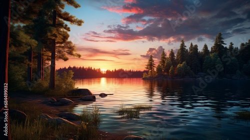 A serene lake surrounded by tall trees and the sun dipping below the horizon